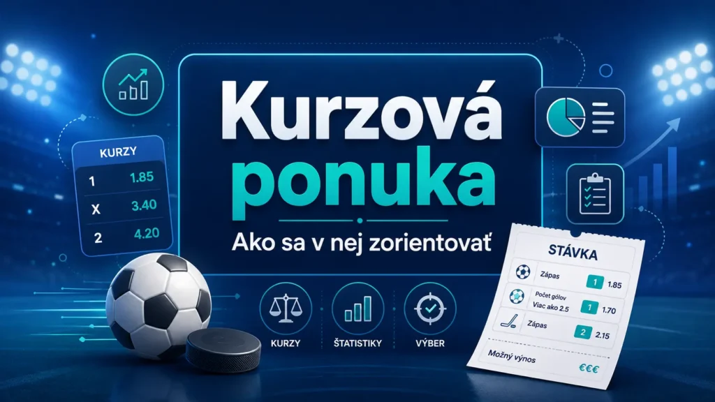 Ilustračný obrázok ku kurzovej ponuke stávkových kancelárií s tiketom, kurzami a športovou grafikou.