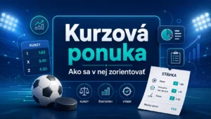 Ilustračný obrázok ku kurzovej ponuke stávkových kancelárií s tiketom, kurzami a športovou grafikou.