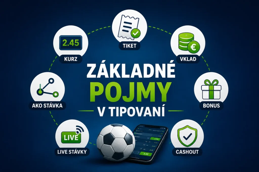 Ilustračný obrázok k článku Základné pojmy v tipovaní s ikonami kurz, tiket, vklad, bonus, live stávky, AKO stávka a cashout.